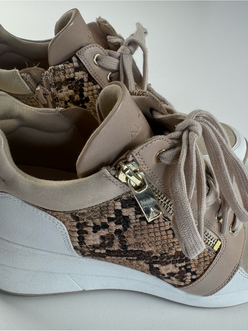 Aldo Taupe Snake-Print Wedge Sneakers with White Sole